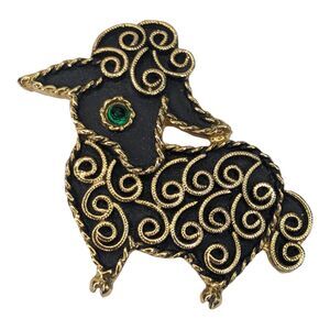 Vintage Signed Emmons Black Sheep Lamb Green Eye Pin Brooch 1.5" x 1 3/4"